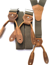 Bild in Galerie Ansicht laden, Hosenträger aus Leinen zum Knöpfen in Oliv mit Büffel-Leder

