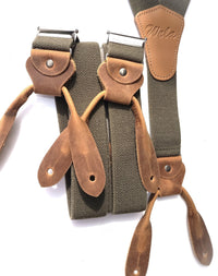 Bild in Galerie Ansicht laden, Hosenträger aus Leinen zum Knöpfen in Oliv mit Büffel-Leder
