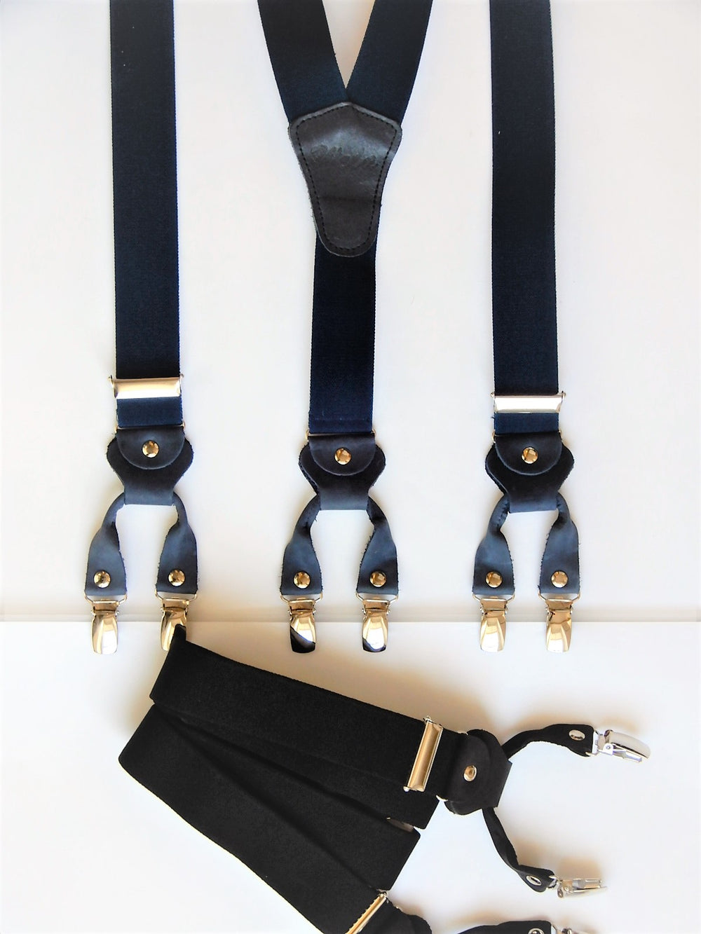 6 Klipse Hosenträger mit Leder-Rollenzug in Blau und Schwarz - KüstenKlaus