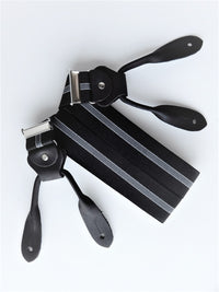 Bild in Galerie Ansicht laden, Hosenträger zum Knöpfen in Schwarz-Grau gesteift mit Lederpatten und Rollenzug
